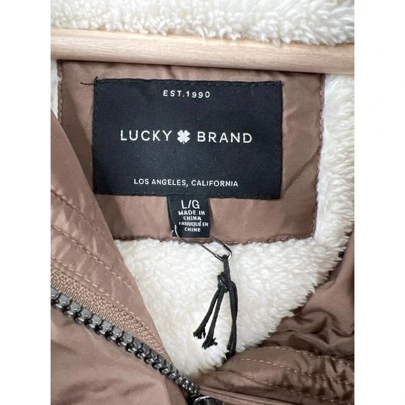 Lucky Brand Faux-Fur-Lined Hooded Puffer Coat Taupe Brown Size: Large NWT - Picture 4 of 7